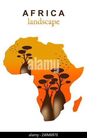Afrika-Karte Silhouette auf Buben und abstrakte Landschaft bei Sonnenuntergang. Baobabs über afrikanische Wildnis. Vektorabbildung Logo-Vorlage isoliert auf weiß Stock Vektor