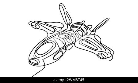 Abstrakte einzeilige Zeichnung eines fiktiven Flugzeugs, schwarze durchgehende Linienkunst auf weißem Hintergrund. Stock Vektor