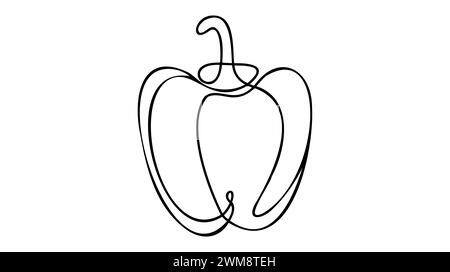 Paprika im durchgehenden einzeiligen Zeichenstil. Schwarze lineare Skizze isoliert auf weißem Hintergrund. Vektorabbildung. Stock Vektor