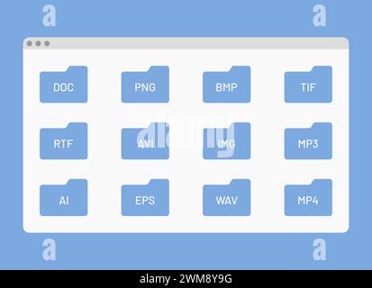 Desktop-Fenster mit Ordnern Dateiformat Dokumentform Symbol isolierte einfache benutzeroberfläche Vektor flache Illustration Stock Vektor