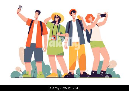 Eine Gruppe glücklicher Freunde Touristen Reisende. Vektorilliustration Stock Vektor