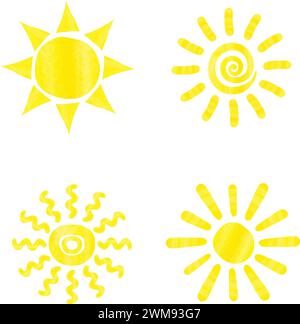 Set mit Sonnensymbolen in Aquarellen. Sammlung von handgezeichneten Symbolen. Illustration des Sonnenvektors Stock Vektor