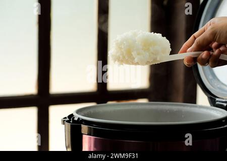 Weißer Reis wird mit Dampf aus einem elektrischen Reiskocher löffelt. Konzept für warme Speisen Stockfoto