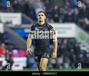 Wigan, Großbritannien. Februar 2024. Nathan Cleary von Penrith Panthers, während des World Club Challenge Matches Wigan Warriors gegen Penrith Panthers 2024 im DW Stadium, Wigan, Vereinigtes Königreich, 24. Februar 2024 (Foto: Cody Froggatt/News Images) in Wigan, Vereinigtes Königreich am 24. Februar 2024. (Foto: Cody Froggatt/News Images/SIPA USA) Credit: SIPA USA/Alamy Live News Stockfoto