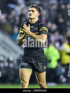 Wigan, Großbritannien. Februar 2024. Nathan Cleary von Penrith Panthers, während des World Club Challenge Matches Wigan Warriors gegen Penrith Panthers 2024 im DW Stadium, Wigan, Vereinigtes Königreich, 24. Februar 2024 (Foto: Cody Froggatt/News Images) in Wigan, Vereinigtes Königreich am 24. Februar 2024. (Foto: Cody Froggatt/News Images/SIPA USA) Credit: SIPA USA/Alamy Live News Stockfoto