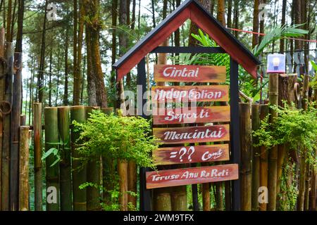 Mai 2023, Foto von einem Schild an einem Touristenort mit Wegbeschreibung. Wonosobo, Indonesien Stockfoto