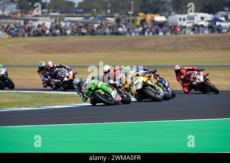 MELBOURNE, AUSTRALIEN. 25. Februar 2024. Alex Lowes (22) aus Großbritannien, der mit dem Kawasaki ZX-10RR für das Kawasaki Racing Team WorldSBK in Kurve 4 fährt, führt vor Andrea Iannone (29) aus Italien auf dem Ducati Panigale V4R für TEAM GO ELF während des Sunday Tissot Superpole bei der Eröffnungsrunde der World Superbike Championship 2024 auf dem Phillip Island Circuit. Karl Phillipson/Alamy Live News Stockfoto