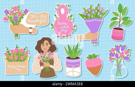 Frühlingsaufkleber für den 8. März: Blumenstrauß, Mädchen, Blumen, Umschlag, Schriftzug. Handgezeichnete flache Zeichentrickelemente. Vektorabbildung Stock Vektor