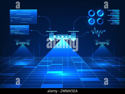 Intelligente Drohnentechnologie, die Drohnen verwendet, um Bereiche zu inspizieren, sowohl Landwirtschaft, Vermessung, Filmaufnahmen, Produktlieferung, Drohnen, die den Bereich scannen, als auch Stock Vektor