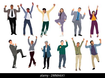 Glückliche Menschen feiern den Sieg mit erhobenen Armen. Stock Vektor