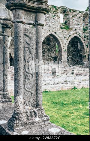 Jerpoint Abbey tipperary Irland antike Klosterskulpturen, die einzigartige Heilige und Ornamente darstellen, unregelmäßig, abgenutzt und verrottet, aber restauriert Stockfoto