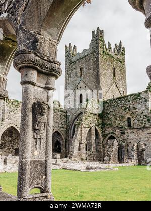 Jerpoint Abbey tipperary Irland antike Klosterskulpturen, die einzigartige Heilige und Ornamente darstellen, unregelmäßig, abgenutzt und verrottet, aber restauriert Stockfoto