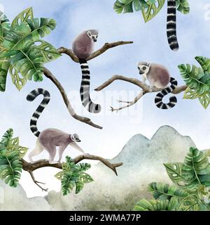 Lemuren auf Zweigen mit tropischen Blättern in Dschungelszene Aquarellillustration. Affen mit Himmel, Bäume und Berge Stockfoto
