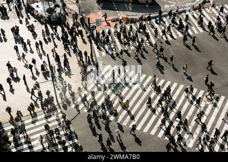 Die Menschen überqueren die Straße bei Shibuya Kreuzung in Japan. Japanischer Text auf dem Straßenschild bedeutet Shibuya Bahnhof und Kreuzfahrt. Stockfoto