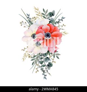 Weiße und rote Anemonen Blumenstrauß mit Feldblumen, Eukalyptus und Gras Aquarellillustration für Grußkarten Stockfoto