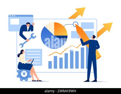 Datenanalyse Tiny People Working Dashboard Diagramm und Diagramm Geschäftsstatistik Stock Vektor