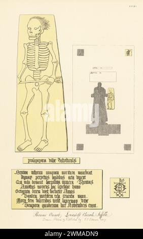 Monumentalbläser von Thomas Annot, Kaufmann und Gymnasialgründer, starb 1577. Ein Skelett mit Pfeil (Tod) ist alles, was übrig bleibt. Lowestoft Church, Suffolk. Handgetönter Kupferstich gezeichnet, geätzt und veröffentlicht von John Sell Cotman in Gravuren der bemerkenswertesten Grabesen in Suffolk, Henry Bohn, London, 1818. Stockfoto