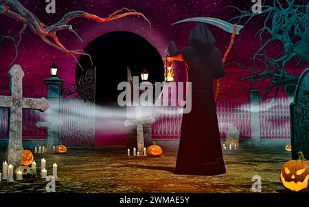 Ein Todesengel auf dem Friedhof mit einer Sense im Nachthintergrund - 3d-Rendering Stockfoto