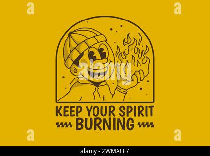 Lassen Sie Ihren Geist brennen. Retro-Illustration eines Beanie-Typen, der ein Feuer hält Stock Vektor
