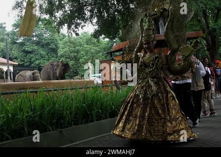 25. Februar 2024, Yogyakarta, Special Region of Yogyakarta, Indonesien: Ein Darsteller mit Kostüm tritt während des Tierkarnevals im Gembira Loka Zoo in Yogyakarta auf. Der Karneval ist nicht nur ein Mittel der Unterhaltung, sondern auch ein fest, das die Botschaft der Erhaltung und Harmonie zwischen Mensch und Tier betont. (Kreditbild: © Angga Budhiyanto/ZUMA Press Wire) NUR REDAKTIONELLE VERWENDUNG! Nicht für kommerzielle ZWECKE! Stockfoto