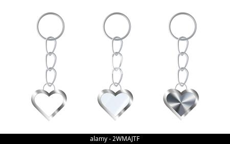 Ein Satz silberner oder Stahlschlüsselanhänger in Form eines Herzens. Schlüsselhalter aus Metall isoliert auf weiß. Realistischer Vektor. Stock Vektor
