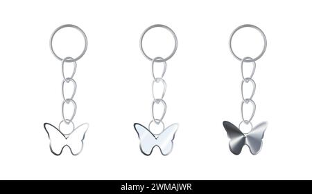 Ein Satz silberner Schlüsselanhänger in Form eines Schmetterlings. Schlüsselhalter aus Metall isoliert auf weißem Hintergrund. Realistischer Vektor. Stock Vektor