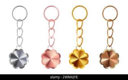 Ein Satz aus Schlüsselanhängern aus Kupfer, Bronze, Gold oder Messing, Silber oder Stahl, Rotgold in Form einer Blume. Realistischer Vektor. Stock Vektor