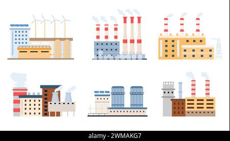 Vektorsatz für flache Fabriken. Sammlung von Fabrikgebäuden Stock Vektor