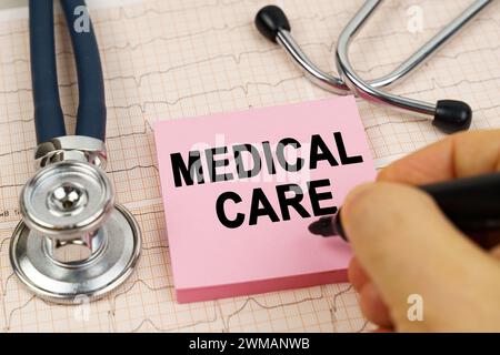 Medizinisches Konzept. Auf den Kardiogrammen befindet sich ein Stethoskop und ein Aufkleber mit der Aufschrift - MEDIZINISCHE VERSORGUNG Stockfoto