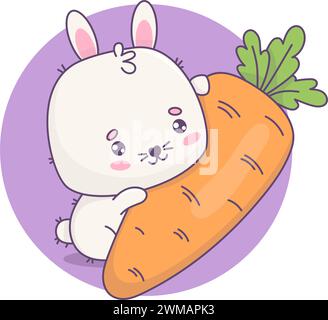 Süßes Kaninchen mit großer Karotte. Lustige Kawaii-Tierfigur. Vektorabbildung. Kinderkollektion. Stock Vektor