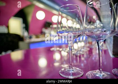 Detail eines Glases Wein in einem farbenfrohen Restaurant mit einer wunderschönen Unschärfe. Stockfoto