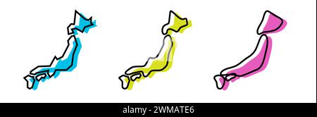 Schwarze Konturen in Japan Country und farbige Country-Silhouetten in drei verschiedenen Stufen der Glätte. Vereinfachte Karten. Vektorsymbole isoliert auf weißem Hintergrund. Stock Vektor