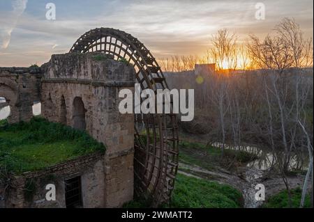 Die Sonne erhebt sich über einem großen stillgelegten mittelalterlichen, strukturierten Wasserrad aus Holz, das als Molino de la Albolafia am Ufer des Guadalquivir bekannt ist Stockfoto