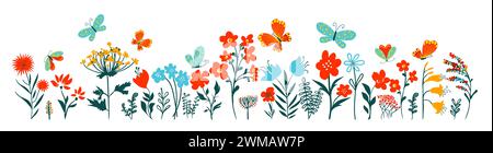 Horizontale Grasschneidwerke. Niedliche einfache Blumen und Schmetterlinge im Gras. Handzeichnung. Nicht AI, Vektorillustration. Stock Vektor