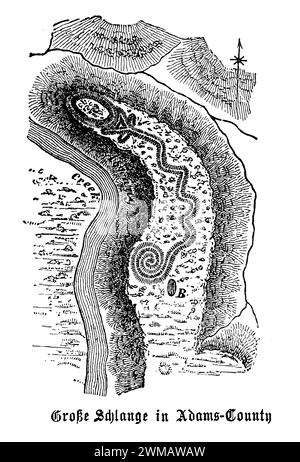 Der Great Serpent Mound im Adams County bei Peebles, Ohio, ist einer der bemerkenswertesten und geheimnisvollsten prähistorischen Bildhügel Nordamerikas. Dieses antike Erdwerk, geformt wie eine Schlange mit einem gewickelten Schwanz und einem offenen Mund, erstreckt sich über 1.348 Meter Länge und variiert in der Höhe von 1 bis 3 Fuß. Es wird angenommen, dass es von den indigenen Völkern der Adena-Kultur um 1000 v. Chr. bis 300 n. Chr. errichtet wurde, obwohl spätere Studien darauf hindeuten, dass die Fort Ancient Culture (1000-1650 n. Chr.) für ihre Entstehung oder Modifikation verantwortlich gewesen sein könnte Stockfoto