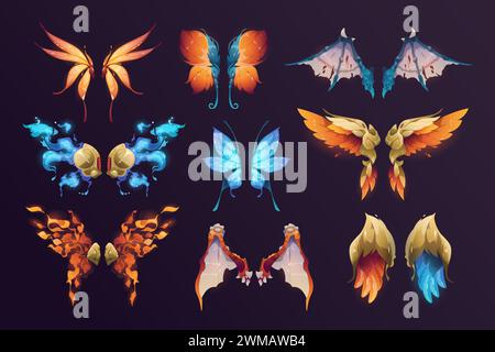 Fantasy-Flügel. Cartoon-Paar aus Fledermaus- und Schmetterlingsflügeln, magischen Engeln und Märchenkreaturen für grafisches Design. Vektor-isolierter Satz Stock Vektor