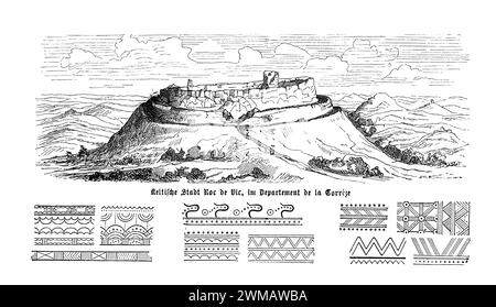 Die keltische Stadt Roche de Vic im Département de la Corrèze in Frankreich ist eine bedeutende archäologische Stätte, die einen Einblick in das Leben und die Kultur der alten keltischen Gesellschaften in der Region bietet. Diese Stätte, die oft weniger in den archäologischen Diskursen dokumentiert ist, bietet wertvolle Einblicke in die Organisation, Wirtschaft und das tägliche Leben einer keltischen Gemeinschaft. Die Stadt befindet sich in einer strategischen Lage, die sowohl Verteidigungsvorteile als auch Kontrolle über Handelsrouten bot. Archäologische Ausgrabungen bei Roche de Vic haben Überreste von Befestigungen, Wohnungen, A entdeckt Stockfoto