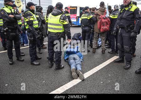 Die Polizei hält einige Demonstranten fest, während sie die Autobahn A10 während des Umweltschutzprotests am 24. Februar 2024 in Amsterdam blockierten. Mitglieder der Extinction Rebellion fordern sofortige Einstellung der Finanzierung der fossilen Industrie. Über 300 Demonstranten der Extinction Rebellion blockierten die Autobahn A10 in Amsterdam. Die Polizei entfernte alle Demonstranten innerhalb von 2 Stunden und verhaftete über 300.die Aktion protestierte gegen Subventionen für fossile Brennstoffe und die Klimapolitik der Regierung.beteiligte Fahrzeuge beschlagnahmt, Straße zwischen de Nieuwe Meer und Oud-Zuid wieder eröffnet. Foto: Taim Mouneb/ABACAPRESS.COM Stockfoto