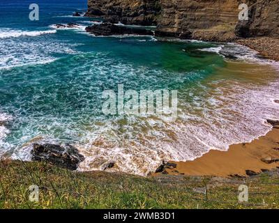 Das Bild zeigt einen Strand mit türkisfarbenem Wasser, weißen Wellen und felsigen Klippen unter klarem Himmel. Gras ist im Vordergrund sichtbar. Stockfoto