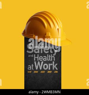 Gelber Schutzhelm und Text: Persönliche Schutzausrüstung, Sicherheit und Gesundheit am Arbeitsplatz Stockfoto