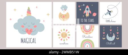 Niedliche Boho Baby Poster im skandinavischen Stil. Böhmische Schlafkinderkarten mit Regenbogen, Wolke, Sternen, Sonne, Mond, Rakete und Flugzeug. Dekor mit Vektormuster für Kinderzimmer. Wandmalerei für Kinder Stock Vektor