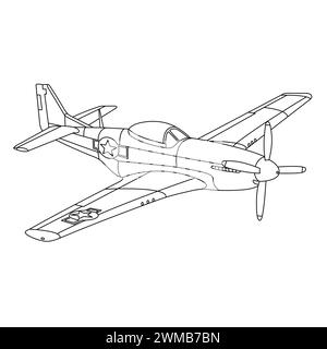 P-51 Mustang Aircraft war World II Fighter Ausmalseite. Vintage-Kriegsflugzeug. Cartoon Flugzeug. Military Fighter-Bomber Vektor Illustration Stock Vektor