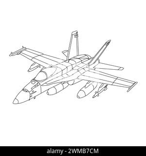 F-18 Flugzeug Malbuch für Kinder und Erwachsene. F/A-18 Hornet Militärflugzeug. Kampfflugzeug F18 – Umrissdarstellung. War Plane Drawing Line Art Stock Vektor