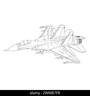 Sukhoi Su-27 Flugzeugumriss Illustration. Fighter Jet Su27 Flanker Malbuch Für Kinder Und Erwachsene. Militärflugzeug isoliert auf White Backgr Stock Vektor