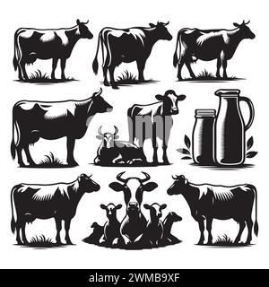 Satz von Kuhsilhouetten isoliert auf weißem Hintergrund, Vektorillustration. Stock Vektor