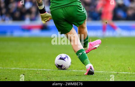 Jordan Pickford aus Everton spielt den Ball während des Premier League-Spiels zwischen Brighton und Hove Albion und Everton im American Express Stadium, Brighton, UK - 24. Februar 2024 Foto Simon Dack / Teleobjektive nur redaktionelle Verwendung. Kein Merchandising. Für Football Images gelten Einschränkungen für FA und Premier League, inc. Keine Internet-/Mobilnutzung ohne FAPL-Lizenz. Weitere Informationen erhalten Sie bei Football Dataco Stockfoto