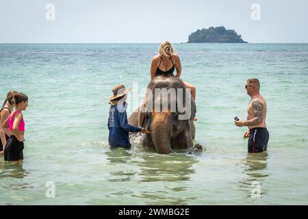 Eine westliche Mutter wird auf der Insel Koh Chang in Thailand gesehen, die von ihren Familienmitgliedern umgeben ist, während sie eine Elefantenbadeaktivität hat. Touristen werden sich zunehmend des möglichen Leidens bewusst, das durch Zirkusvorführungen und Reiten von Elefanten verursacht wird. Daher entscheiden sie sich für sanftere Interaktionen wie Baden und Selfies mit Elefanten. Dieser Wandel hat in den letzten fünf Jahren zu einem deutlichen Anstieg der Popularität von Elefantenwaschanlagen in Thailand geführt, wobei sich die Zahl mehr als verdreifacht hat. Stockfoto