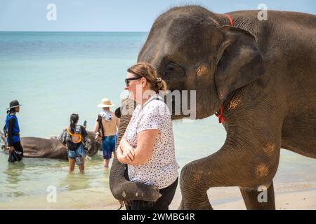 Koh Chang, Thailand. Februar 2024. Ein älterer Tourist posiert für ein Foto mit einem Elefanten nach einer Elefantenbadeaktivität auf der Insel Koh Chang. Touristen werden sich zunehmend des möglichen Leidens bewusst, das durch Zirkusvorführungen und Reiten von Elefanten verursacht wird. Daher entscheiden sie sich für sanftere Interaktionen wie Baden und Selfies mit Elefanten. Dieser Wandel hat in den letzten fünf Jahren zu einem deutlichen Anstieg der Popularität von Elefantenwaschanlagen in Thailand geführt, wobei sich die Zahl mehr als verdreifacht hat. Quelle: SOPA Images Limited/Alamy Live News Stockfoto