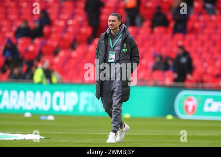 Darwin Núñez aus Liverpool kommt am 25. Februar 2024 im Wembley Stadion in London (Foto: Gareth Evans/News Images) im Finale des Carabao Cups Chelsea gegen Liverpool 2024. (Foto: Gareth Evans/News Images/SIPA USA) Stockfoto
