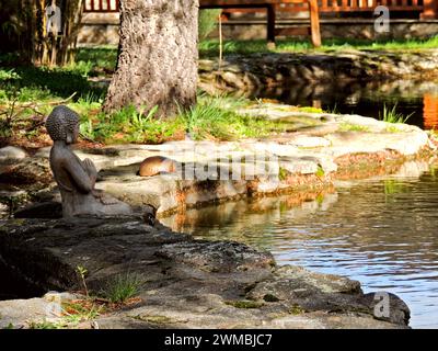 Wunderschöner Buddha in einem Teich, in einem Meditationszentrum Stockfoto